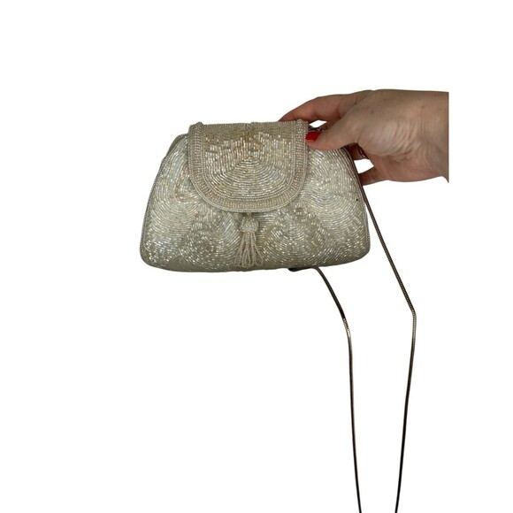 50's 60's  Vintage DeLill Beaded Evening Bag Iridescent White Purse Metal Strap - Picture 6 of 16